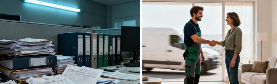 Comparaison simplicité démarches débarras Annonay : poignée de main professionnelle versus bureaucratie administrative