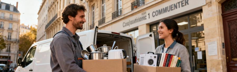 Débarrasseur remettant des cartons d'objets à une association caritative dans le 1er arrondissement de Lyon