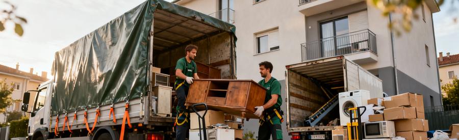 Débarrasseurs chargeant encombrants volumineux dans benne 30m³ avec équipements manutention professionnels