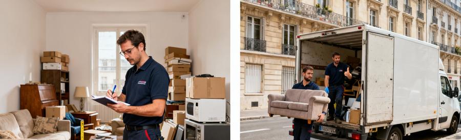 Professionnel évaluant volume puis chargeant camionnette pour vide-maison à Courbevoie, estimation tarifs selon encombrement