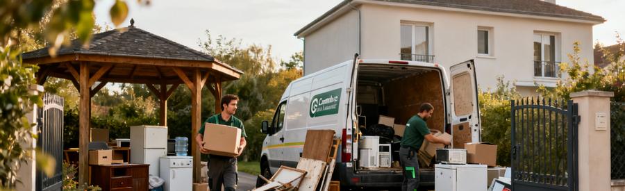 Professionnels évacuant encombrants depuis pavillon résidentiel à Combs-la-Ville vers camionnette utilitaire