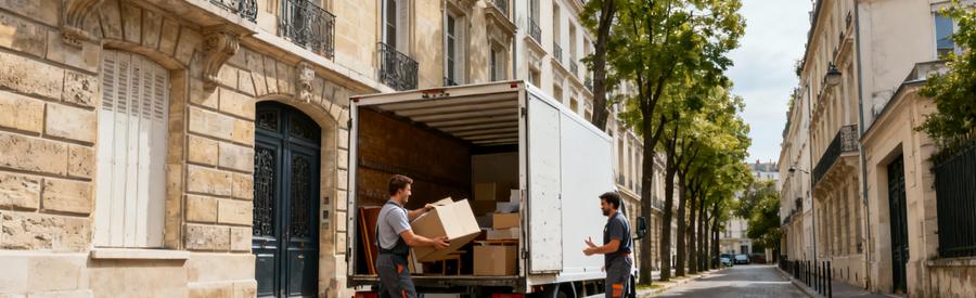Evacuation Encombrants Rue Etroite Vincennes Professionnels chargeant encombrants dans camionnette stationnée rue résidentielle étroite à Vincennes