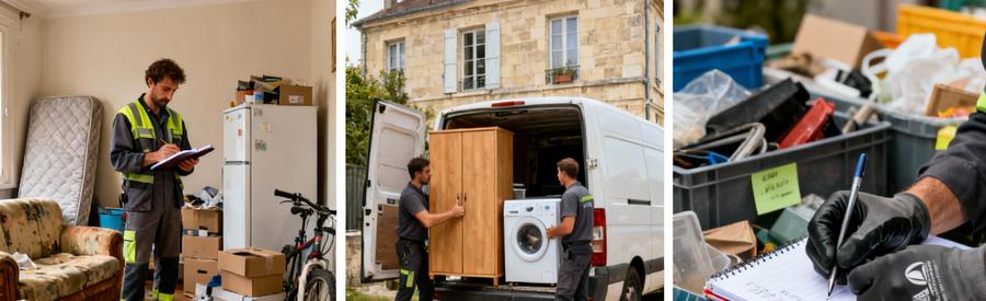 Professionnels évacuant meubles et électroménager volumineux à Bordeaux : évaluation, chargement et tri des encombrants