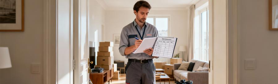 Débarrasseur professionnel évaluant encombrants appartement à Issy-les-Moulineaux avec carnet inventaire détaillé