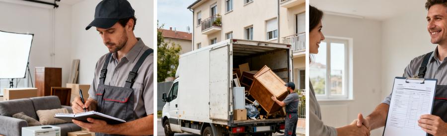 Processus complet intervention professionnelle : évaluation volume, chargement objets encombrants, finalisation prestation