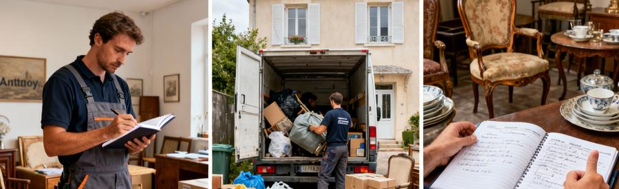 Evaluation Chargement Valorisation Debarras Antony Triptyque montrant l'évaluation, le chargement et la valorisation d'objets lors d'un débarras professionnel à Antony