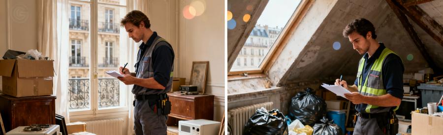 Deux professionnels évaluant volumes encombrants différents pour estimation tarifs vide-maison Paris 13ème