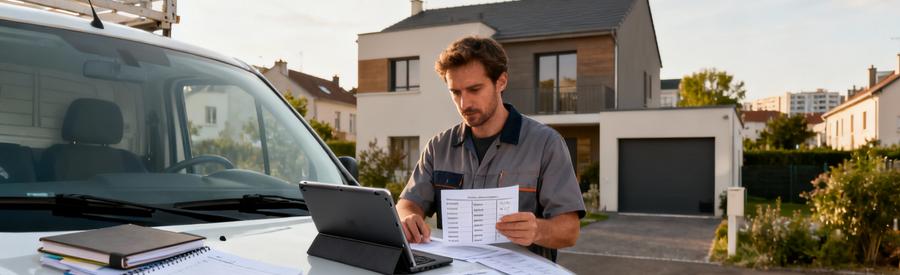 Débarrasseur évaluant projet vide-maison devant pavillon Pontault-Combault avec documents organisation