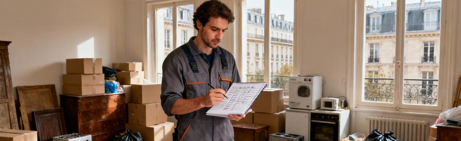Professionnel évaluant volume encombrants appartement parisien 13ème pour estimation personnalisée vide-maison