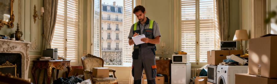 Débarrasseur évaluant encombrants dans salon haussmannien versaillais avec carnet inventaire