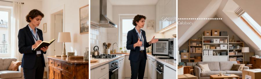 Professionnel évaluant meubles et électroménager récents pour déterminer conditions intervention vide-maison Colombes