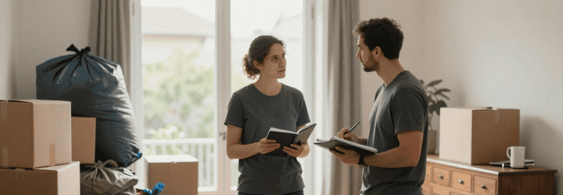 Débarrasseur professionnel évaluant encombrants avec client pour vide-maison Asnières quartier résidentiel