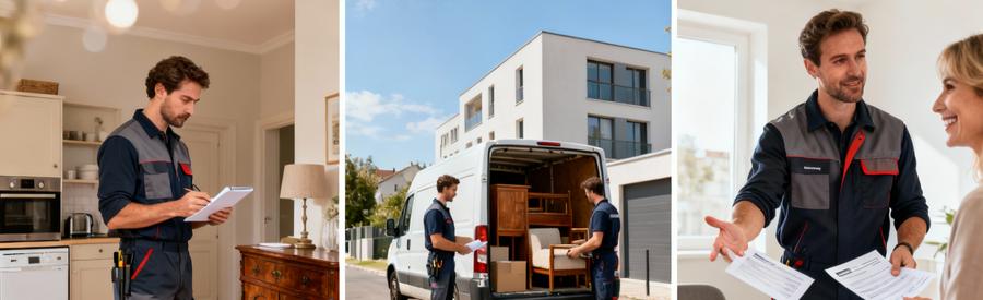 Professionnel évaluant encombrants, chargement camionnette et comparaison offres vide-maison au Mée-sur-Seine