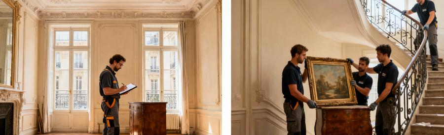 Professionnels évaluant et manipulant avec soin meubles anciens et œuvres d'art dans appartement haussmannien