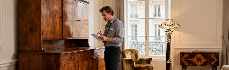 Professionnel évaluant mobilier ancien pour déterminer possibilité vide-maison offert dans les Yvelines