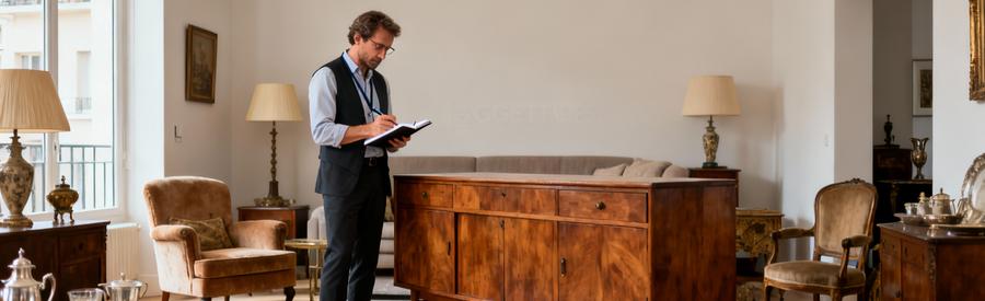Débarrasseur professionnel évaluant meubles anciens pour rachat et valorisation à Créteil