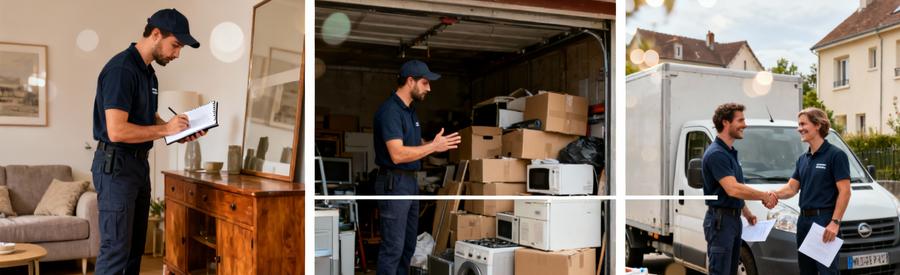 Professionnel évaluant encombrants pour déterminer valorisation et gratuité vide-maison Montigny-le-Bretonneux