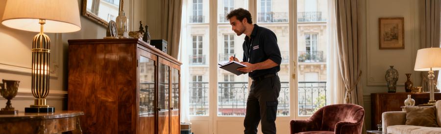 Professionnel évaluant mobilier vintage dans appartement bourgeois à Boulogne-Billancourt pour vide-maison