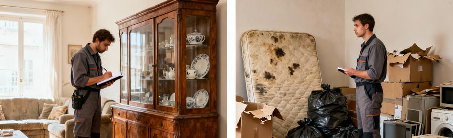 Professionnel évaluant meubles anciens de valeur puis encombrants sans valeur lors d'une intervention à Clichy