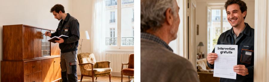 Professionnel évaluant meubles vintage et objets de valeur pour débarras gratuit dans appartement à Alfortville