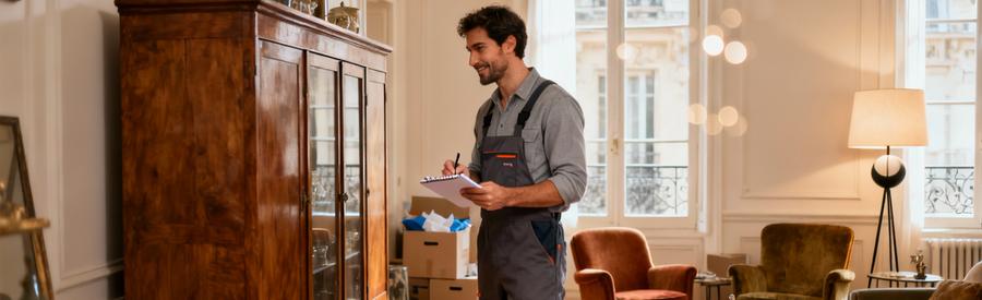 Professionnel évaluant meubles vintage et objets valorisables pour vide-maison offert à Aubervilliers