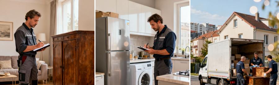 Professionnels évaluant meubles anciens et électroménager récent pour vide-maison offert à Champs-sur-Marne