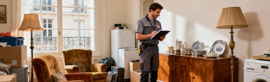 Professionnel évaluant meubles vintage et encombrants pour déterminer gratuité vide-maison à Drancy