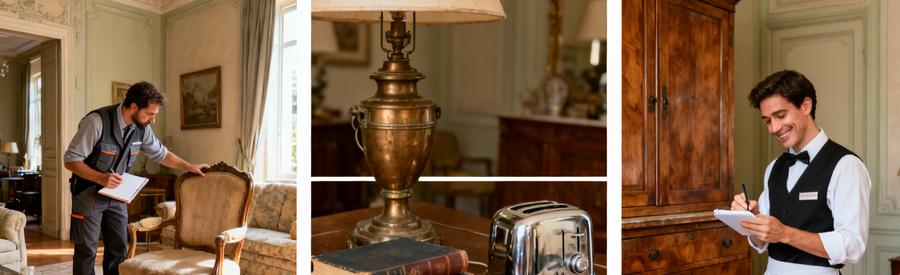 Evaluation Objets Valorisables Vincennes Professionnel évaluant meubles anciens et objets de valeur lors d'un débarras à Vincennes pour estimer la gratuité