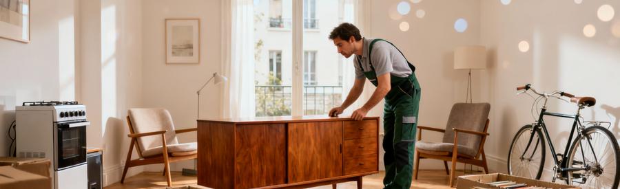 Expert évaluant meubles vintage et objets valorisables lors vide-appartement Créteil pour intervention offerte