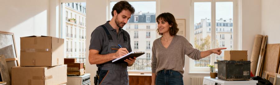 Débarrasseur professionnel évaluant encombrants avec client pour vide-maison à Montreuil