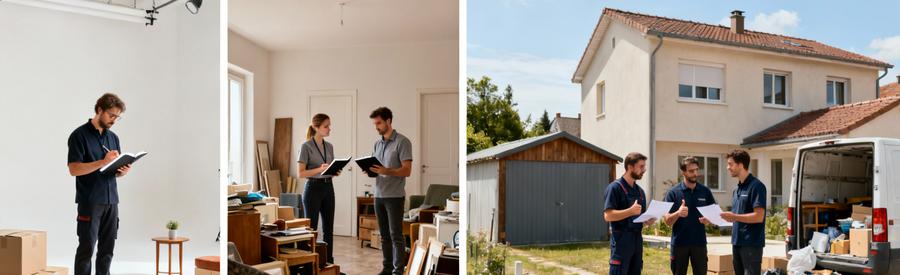 Evaluation Tarifs Selon Volume Logement Studio Appartement Maison Professionnels évaluant trois types de logements : studio, appartement F3 et maison avec dépendances à Sarcelles