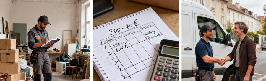 Professionnel évaluant tarifs dans studio encombré, grille tarifaire manuscrite, poignée de main client satisfait