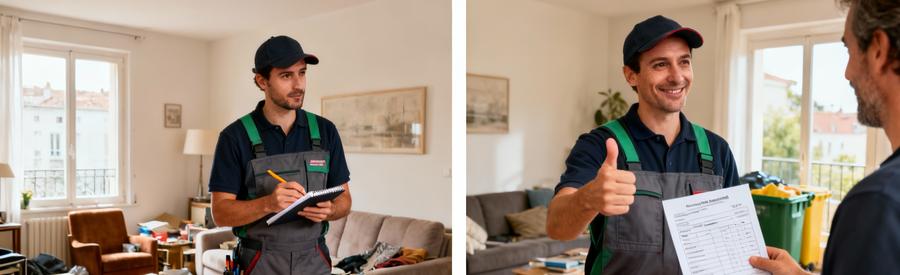 Professionnel évaluant le volume d'encombrants puis établissant une estimation tarifaire détaillée à Cergy