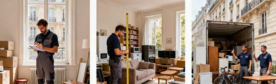 Professionnels évaluant différents volumes d'appartements pour établir tarifs transparents de débarras à Neuilly-sur-Seine