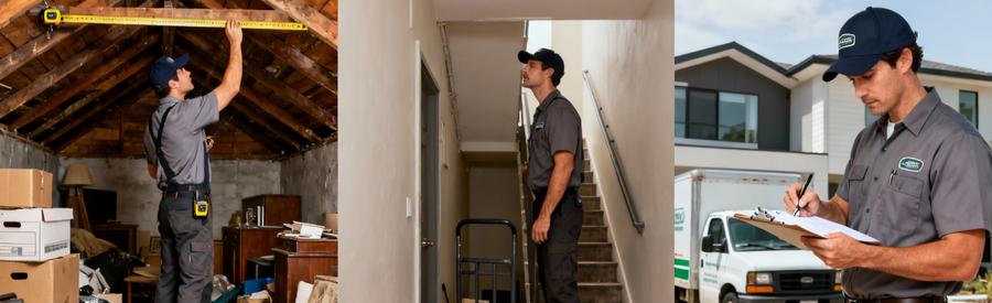 Professionnel évaluant volume encombrants, contraintes accès et équipement nécessaire pour intervention gros volume