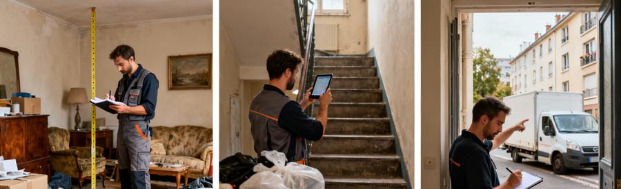 Professionnel évaluant volume et contraintes d'accès lors d'une visite de débarras à Noisy-le-Grand
