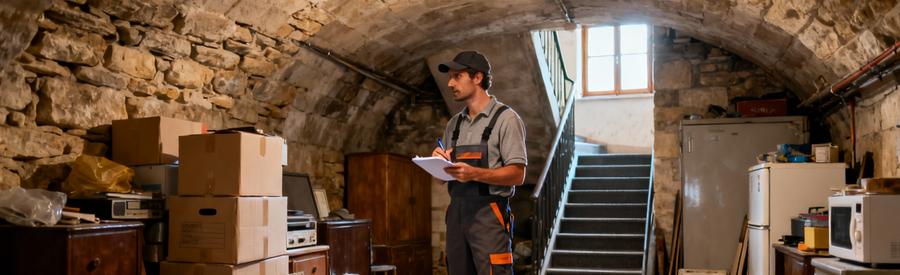 Professionnel évaluant volume encombrants dans cave résidentielle Rueil-Malmaison avant intervention vide-cave