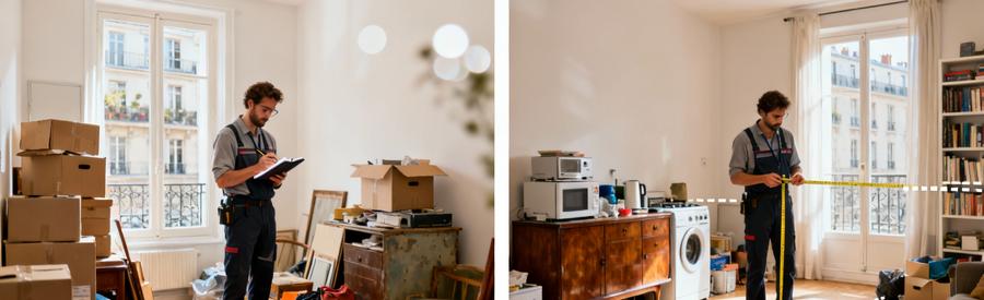 Professionnel évaluant volumes encombrants studio et F2 pour estimation intervention vide-logement Paris 15ème