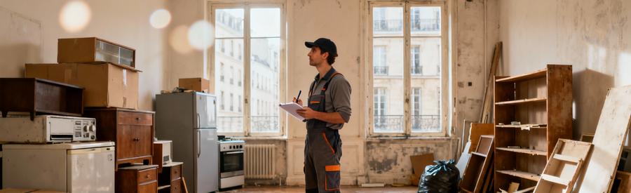 Professionnel évaluant volume encombrants dans studio Saint-Denis pour estimation intervention débarras