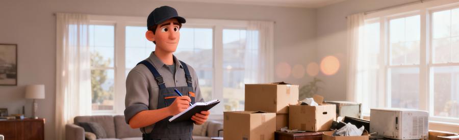 Professionnel évaluant volume encombrants dans habitation pour estimation tarifs vide-maison