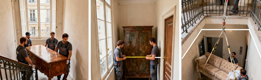 Professionnels évacuant mobilier volumineux par escaliers étroits immeubles anciens sans ascenseur Paris 14ème