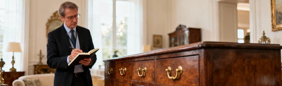 Professionnel évaluant buffet ancien pour rachat lors vide-maison Sartrouville, expertise mobilier vintage