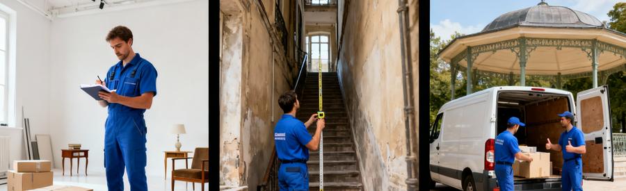 Professionnels évaluant volume d'encombrants et accessibilité pour établir tarif de débarras adapté