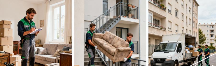 Étapes intervention débarras F3 Argenteuil : évaluation volume, transport escaliers, chargement camionnette quartier Orgemont