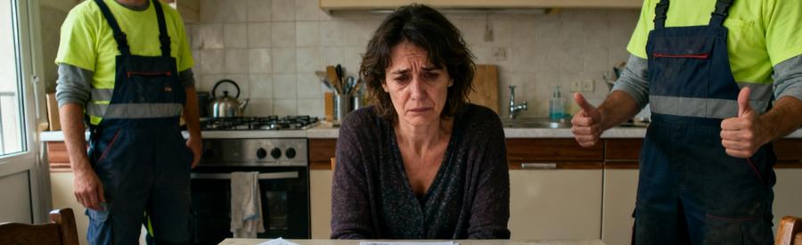 Femme Comparant Devis Debarrasseurs Sarcelles Femme comparant difficilement plusieurs devis de débarrasseurs sur papier à Sarcelles, exprimant confusion et fatigue