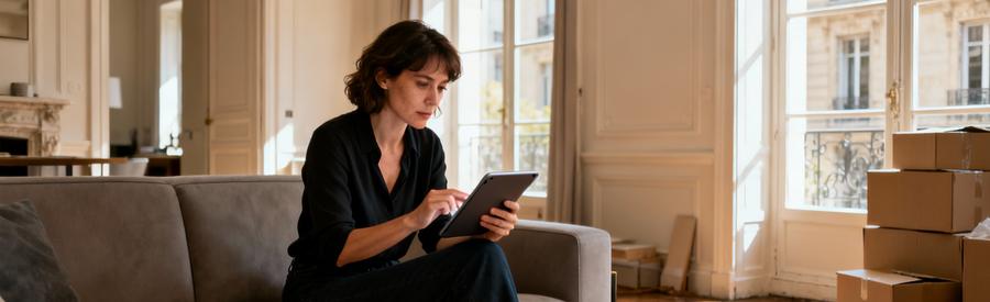 Femme comparant offres de débarrasseurs sur tablette dans salon parisien avec cartons
