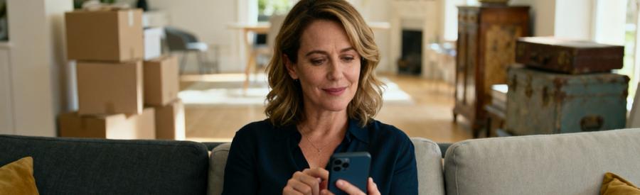 Femme décrivant facilement son projet de débarras sur smartphone depuis son salon à Annonay en deux minutes