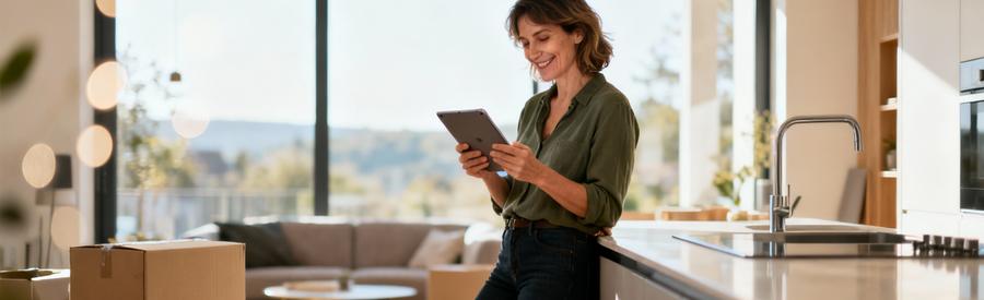 Femme consultant une plateforme de mise en relation pour débarras à Aurillac sur tablette dans salon moderne