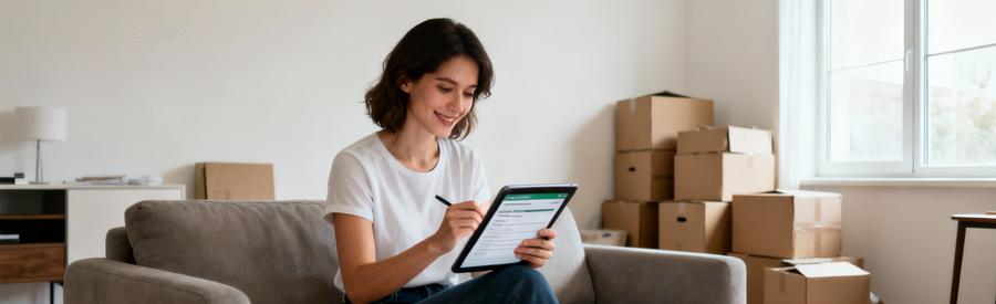 Formulaire Demande Debarras Loire Tablette Domicile Femme remplissant formulaire débarras en ligne sur tablette dans salon avec cartons préparation évacuation