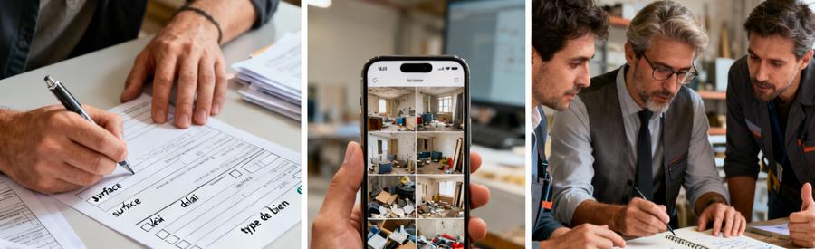 Formulaire Demande Professionnels Vincennes Processus de demande en 3 étapes : formulaire détaillé, ajout de photos, analyse par professionnels à Vincennes